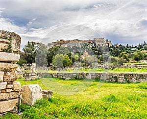 Ancient Agora Middle Stoa Parthenon Acropolis Athens Greece