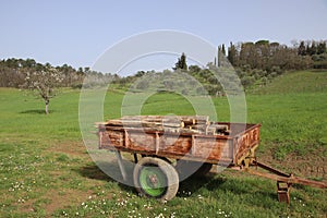 ancient agricultural caret with green fields. conceptual photo of traditional agriculture in Italy