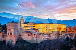 Ancient Alhambra sunrise view, UNESCO world heritage site in Granada