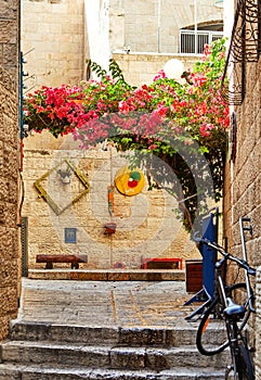 Ancient Alley in Jewish Quarter, Jerusalem. Israel. Photo in old color image style