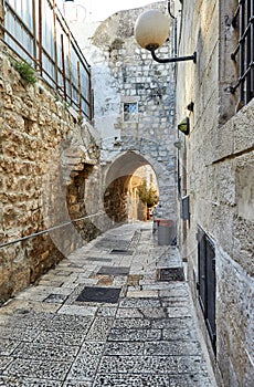 Ancient Alley in Jewish Quarter, Jerusalem. Israel. Photo in old color image style