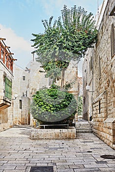 Ancient Alley in Jewish Quarter, Jerusalem. Israel. Photo in old color image style