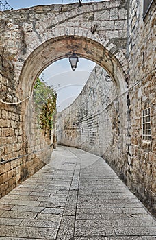 Ancient Alley in Jewish Quarter, Jerusalem. Israel. Photo in old color image style