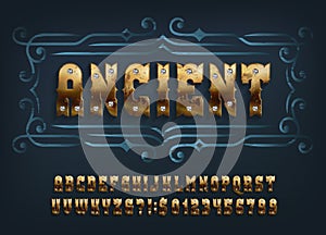 Ancient alphabet font. Gold letters and numbers inlaid gemstones.