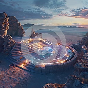 Ancient amphitheater in a desert, hosting a ceramics workshop, bioluminescence-themed, during a multiverse cyclone event photo