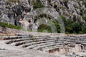 Ancient amphitheater and Lycian tombs in Myra (Turkey)