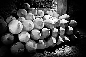 Ancient amphoras in pile.