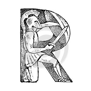 Ancient antique capital letter R with an ornament. Greek culture. Double exposure. Hand drawn engraved sketch in vintage