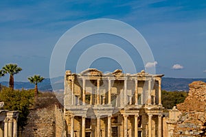 Ancient antique city of Efes, Ephesus library ruin in Turkey