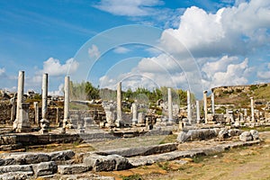 Ancient antique Side temple ruins on Mediterranean coast of Turkey