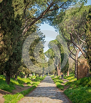 The ancient Appian Way Appia Antica on a sunny spring morning, in Rome.