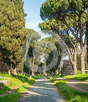 The ancient Appian Way Appia Antica on a sunny spring morning, in Rome.