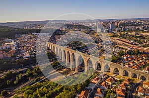 Ancient aqueduct in Lisbon in Portugal, aerial drone view