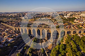 Ancient aqueduct in Lisbon in Portugal, aerial drone view