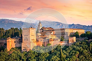 Ancient arabic fortress Alhambra at the beautiful evening time