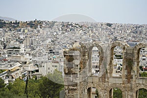 Ancient architectural features in forground of Athens urban landscape