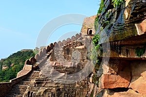 Ancient architecture mountain high wall of Neelkantha temple, Kalinjar fort, UP, India