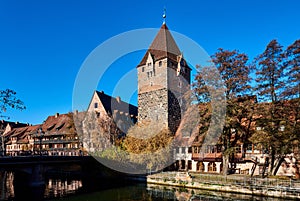 Ancient architecture and The Pegnitz river in Nuremberg