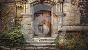 Ancient archway entrance to old Christian building, weathered stone material generated by AI