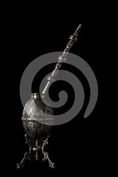 Ancient Argentine silver mate worked in relief with a straw