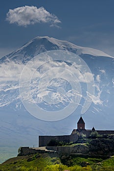 Ancient Armenian church with Ararat on the background.