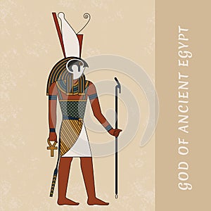 Ancient art by the ancient Egyptian god Horus. Colored vector drawing of the god Horus against the background of papyrus