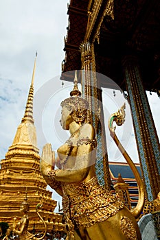 Ancient art Golden Kinnaree,Golden Kinnaree in Wat Pra Kaeo,Thailand.