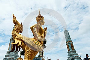 Ancient art Golden Kinnaree,Golden Kinnaree in Wat Pra Kaeo,Thailand.