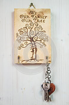 The ancient art of pyrography, wood and fire, tree of life, hang keys and objects