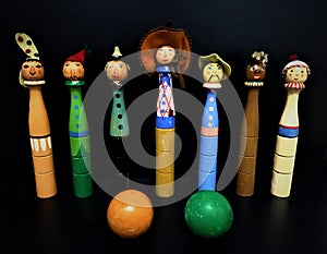 Ancient artistic skittles by Lenci, Turin city, Italy. Fun and toy collection