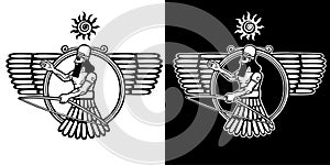 Ancient Assyrian deity winged archer. Black and white option. photo