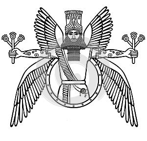 Ancient Assyrian winged deity. Character of Sumerian mythology. photo
