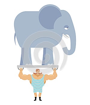 Ancient athlete and elephant. Vintage circus strongman.