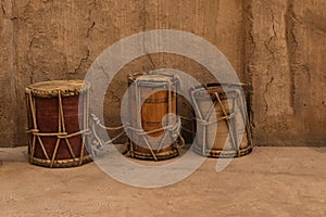 Ancient authentic folk music wooden drums in Africa and Gulf Persian Countries. Middle Eastern hand-made drums