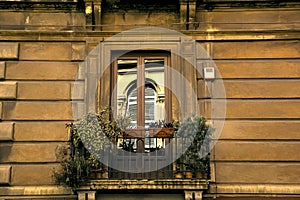Ancient balcony is decorated with ornamental plants. In windows of doors of a balcony window opposite is reflected