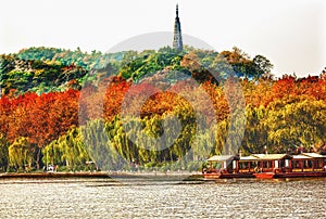 Ancient Baochu Pagoda Boats West Lake Hangzhou Zhejiang China