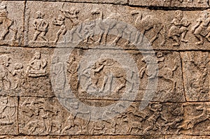 Ancient bareliefs in the temple, Hampi, Karnataka, India