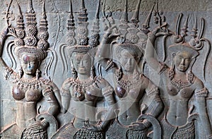 Ancient bas-relief in Angkor Wat temple, Cambodia