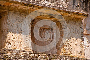 Ancient bas-relief carving Maya people at the Palenque ruinas Chiapas Mexico