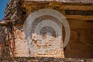 Ancient bas-relief carving Maya people at the Palenque ruinas Chiapas Mexico