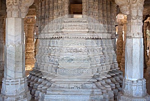 Ancient bas-relief at famous Ranakpur Jain temple in Rajasthan, India