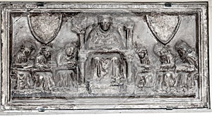 Ancient Bas-Relief: Monk, Abbot, and Disciples