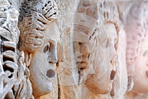 Ancient bas-reliefs in the ruins of Myra. Turkey. Outside.