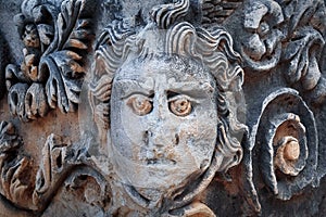 Ancient bas-reliefs in the ruins of Myra. Turkey. Outside.