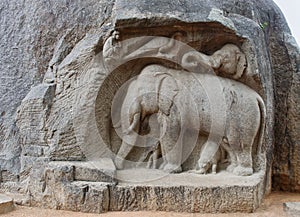 Ancient basreliefs and statues in Mamallapuram