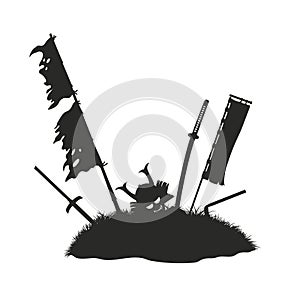 Ancient battlefield landscape. Isolated silhouette of samurai grave. Warrior tumulus with sword, helmet and flags