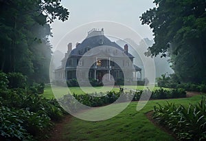 An ancient beautiful house in the early morning with fog in the middle of a dense forest, Free space for text, basis for design