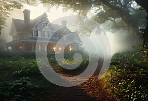 An ancient beautiful house in the early morning with fog in the middle of a dense forest, Free space for text, basis for design