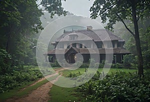 An ancient beautiful house in the early morning with fog in the middle of a dense forest, Free space for text, basis for design