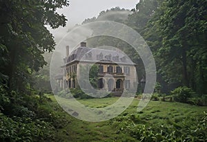 An ancient beautiful house in the early morning with fog in the middle of a dense forest, Free space for text, basis for design